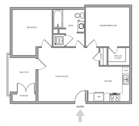 Floor plan for 1 bed, 1 bath, 743 sqft