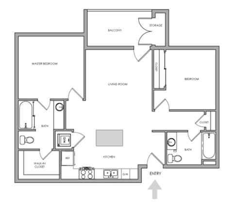 Floor plan for 2 beds, 2 baths, 885 sqft