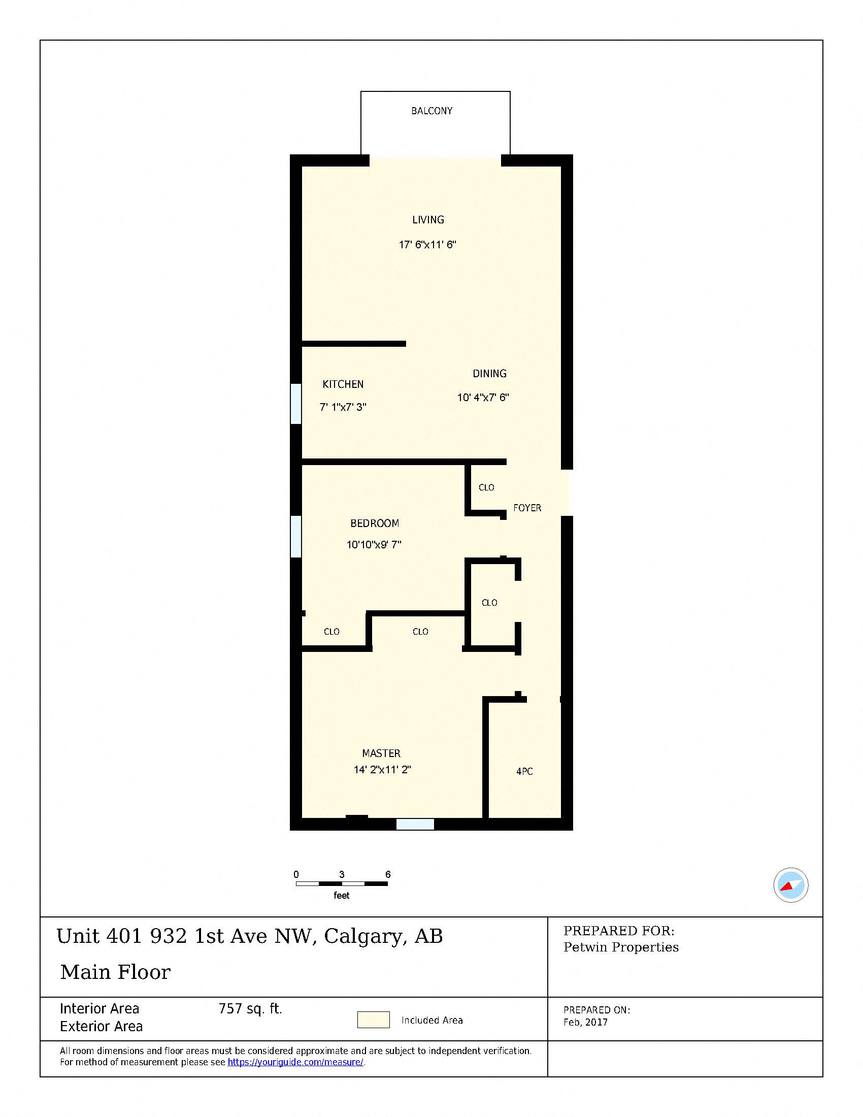 Floor plan for 2 beds, 1 bath, 757 sqft