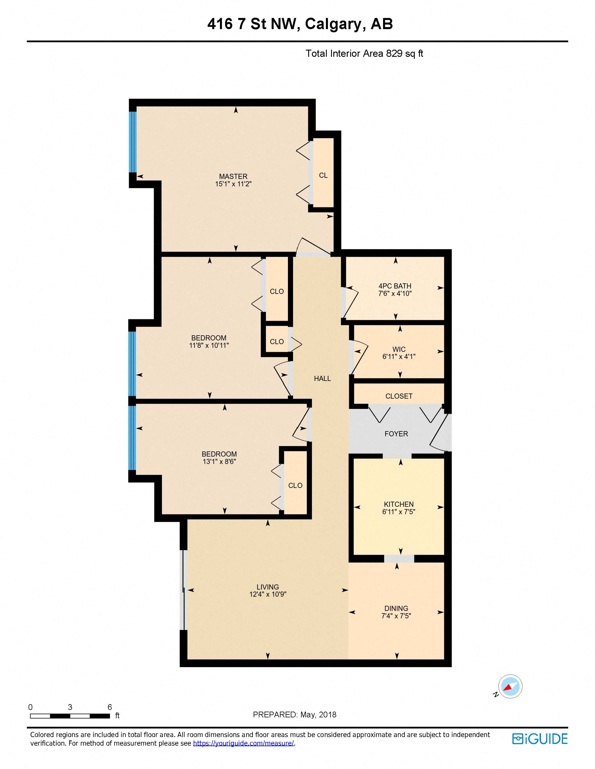 Floor plan for 3 beds, 1 bath, 740 sqft