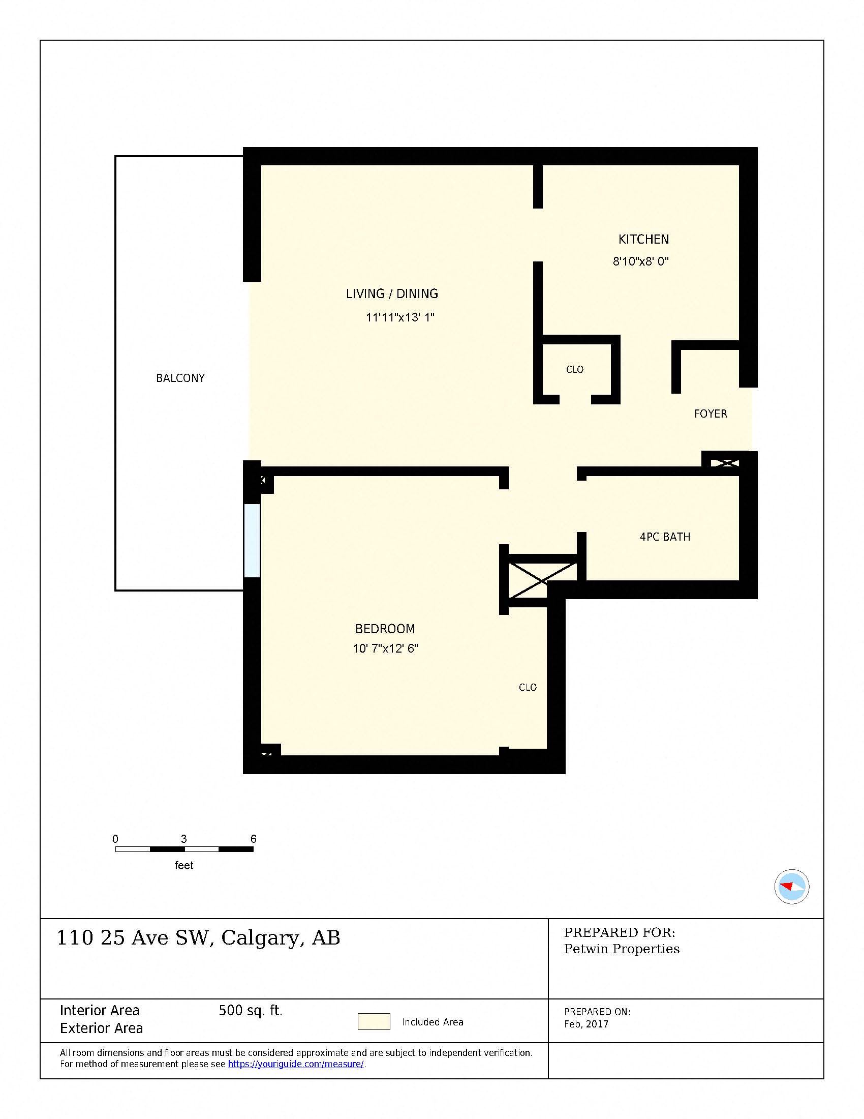 Floor plan for 1 bed, 1 bath, 570 sqft