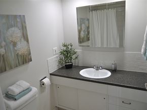 Edmonton apartment for rent - a small bathroom with a sink and a mirror
