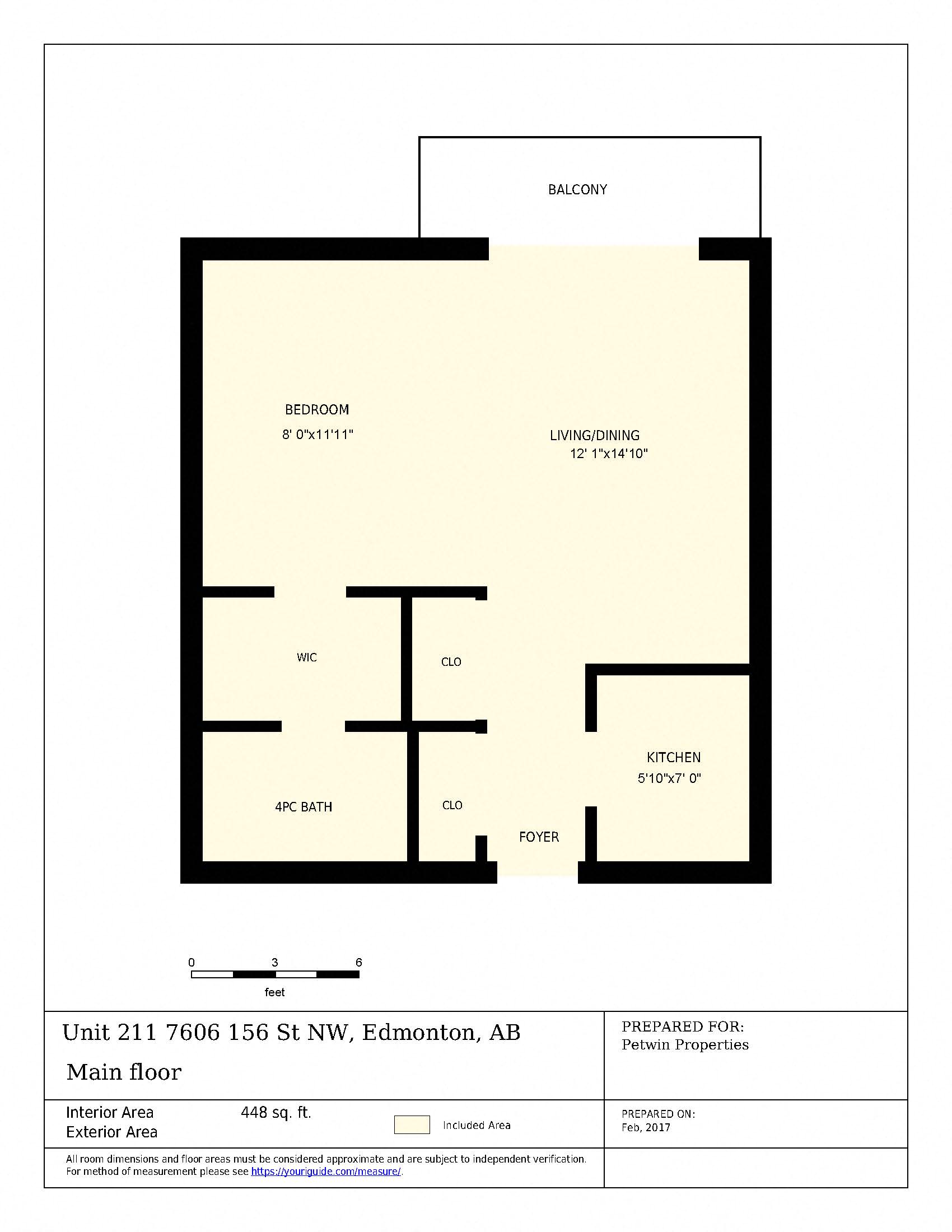 Floor plan for studio, 1 bath, 448 sqft