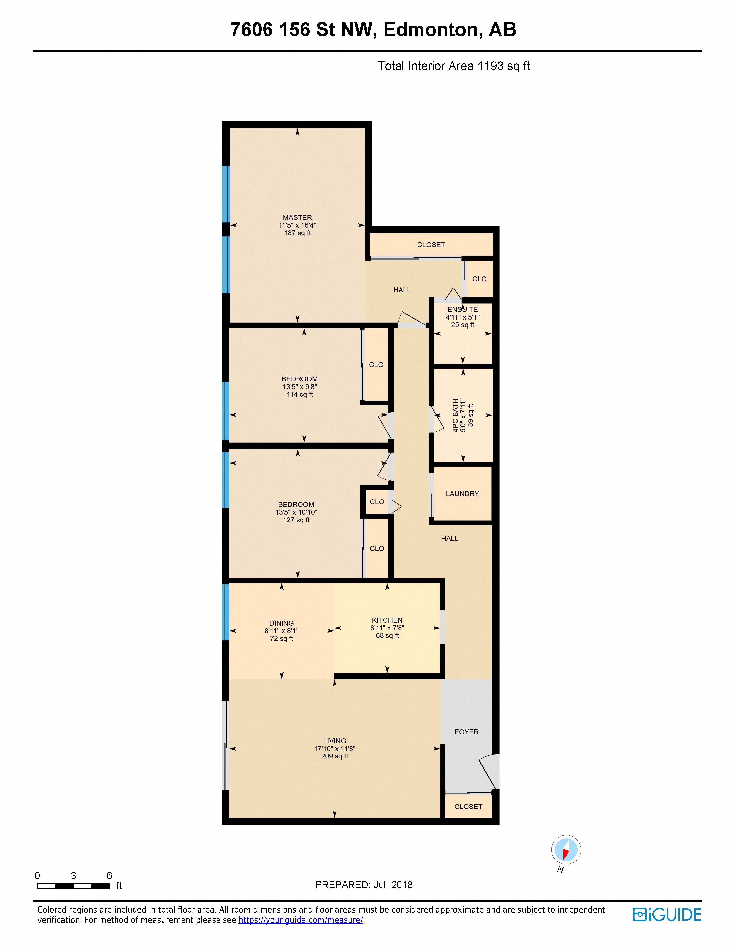 Floor plan for 3 beds, 1.5 baths, 1300 sqft