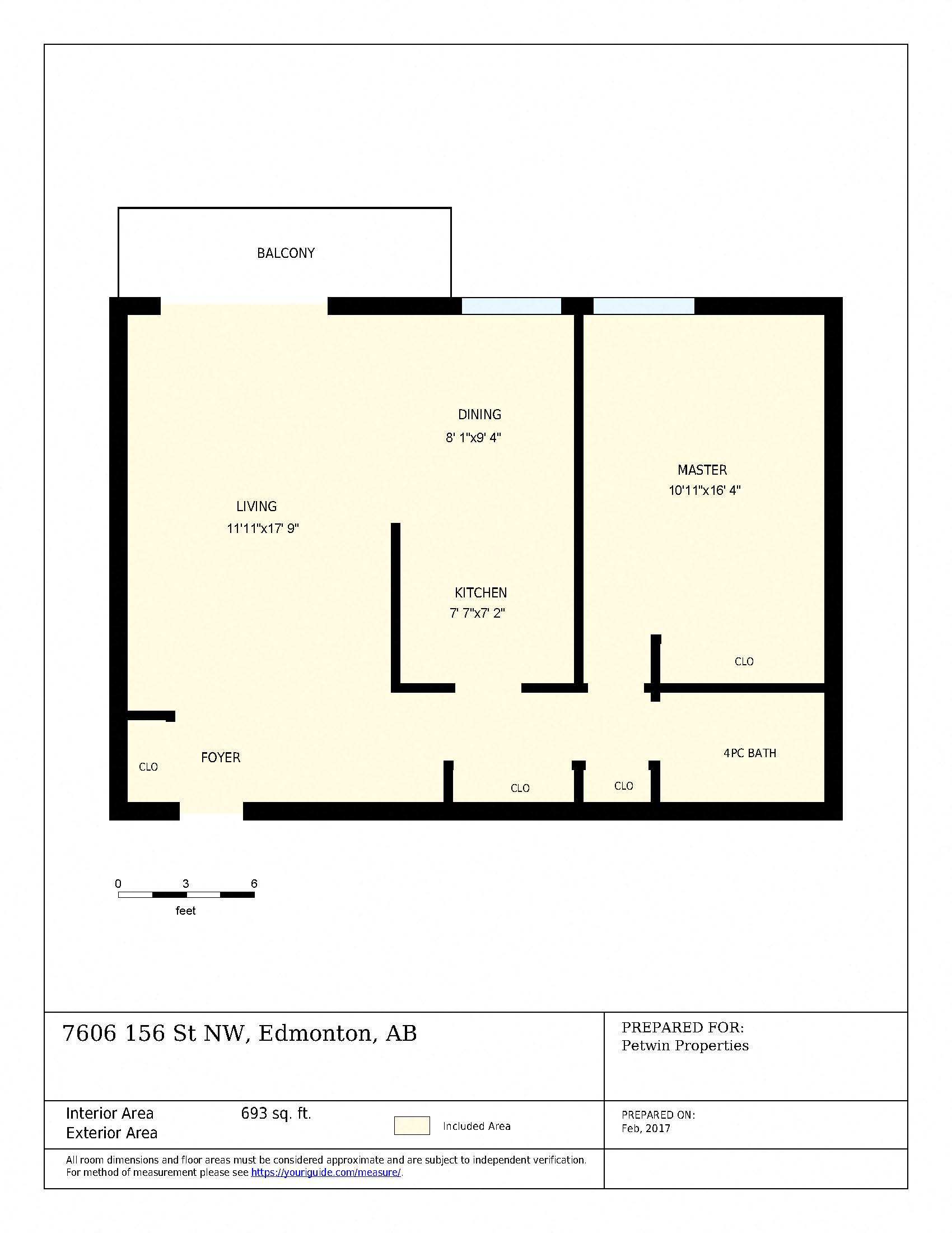 Floor plan for 1 bed, 1 bath, 689 sqft