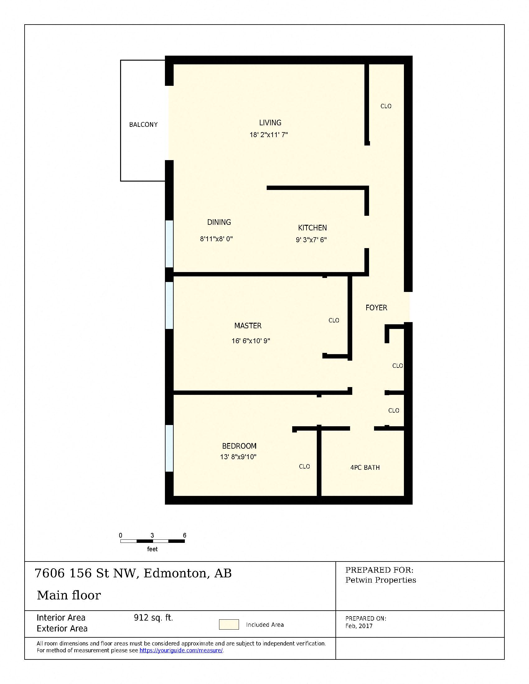 Floor plan for 2 beds, 1 bath, 913 sqft
