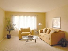 Los Angeles apartment for rent - A living room with a yellow couch, a yellow chair, a glass coffee table, and a potted plant.