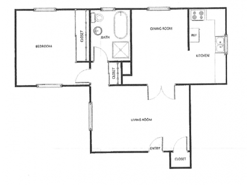 Floor plan for 1 bed, 1 bath, 690 sqft