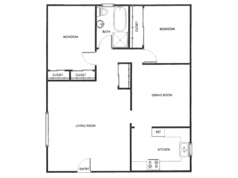 Floor plan for 2 beds, 1 bath, 820 sqft