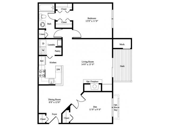 Floor plan for 1 bed, 1 bath, 959 sqft