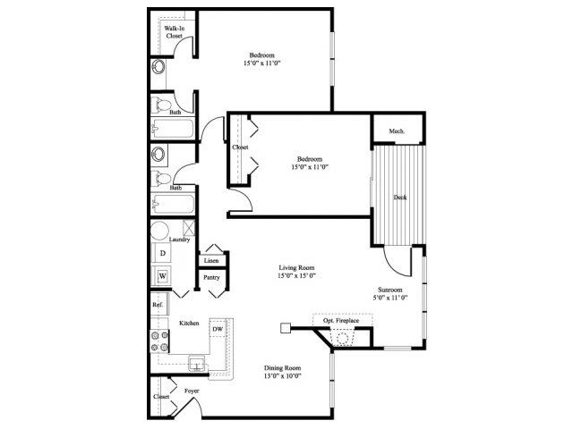 Floor plan for 2 beds, 2 baths, 1117 sqft