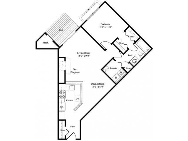 Floor plan for 1 bed, 1 bath, 788 sqft