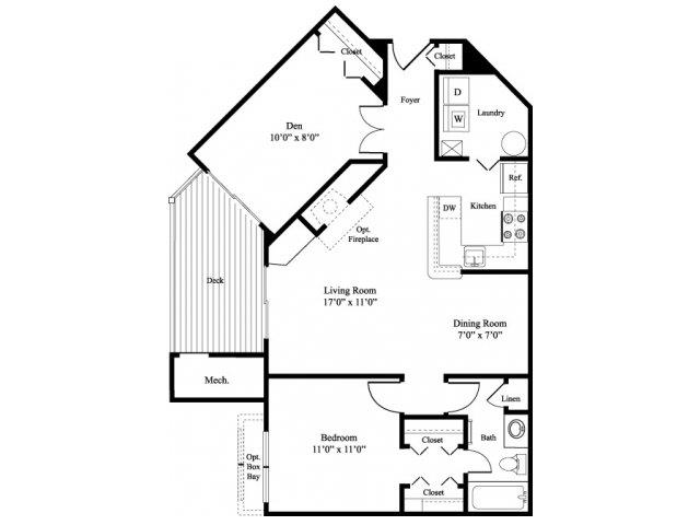 Floor plan for 1 bed, 1 bath, 938 sqft