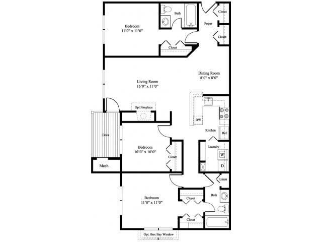 Floor plan for 3 beds, 2 baths, 1164 sqft