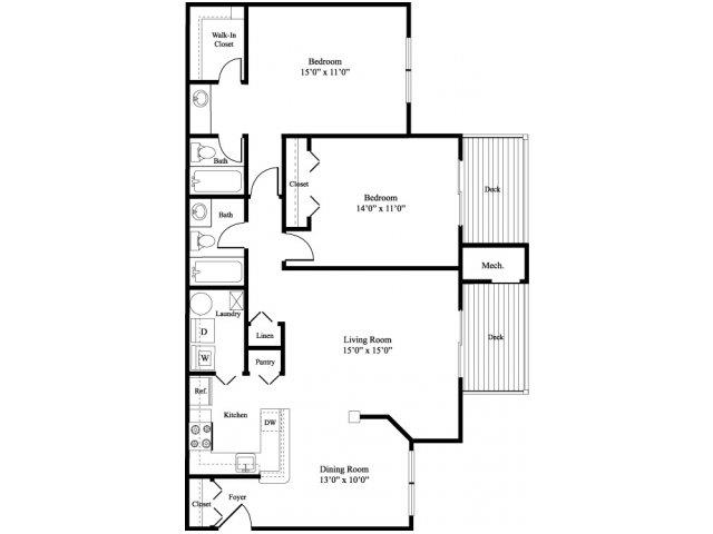 Floor plan for 2 beds, 2 baths, 1131 sqft