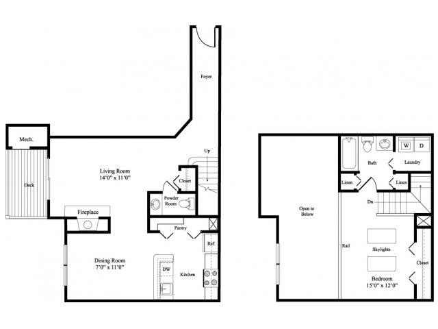 Floor plan for 1 bed, 1 bath, 943 sqft