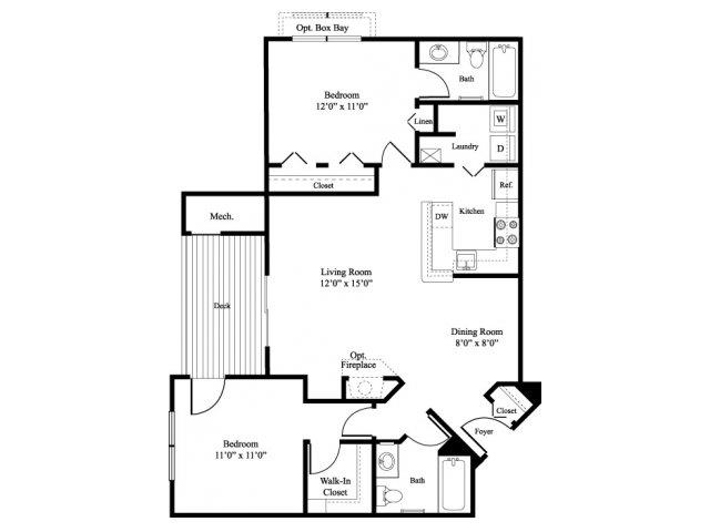 Floor plan for 2 beds, 2 baths, 997 sqft