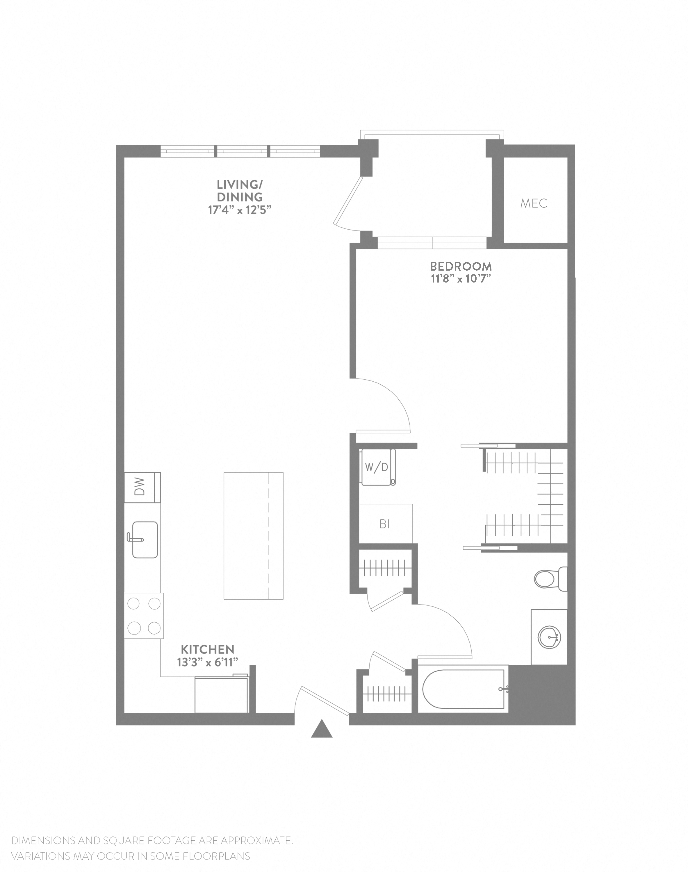 Floor plan for 1 bed, 1 bath, 756 sqft