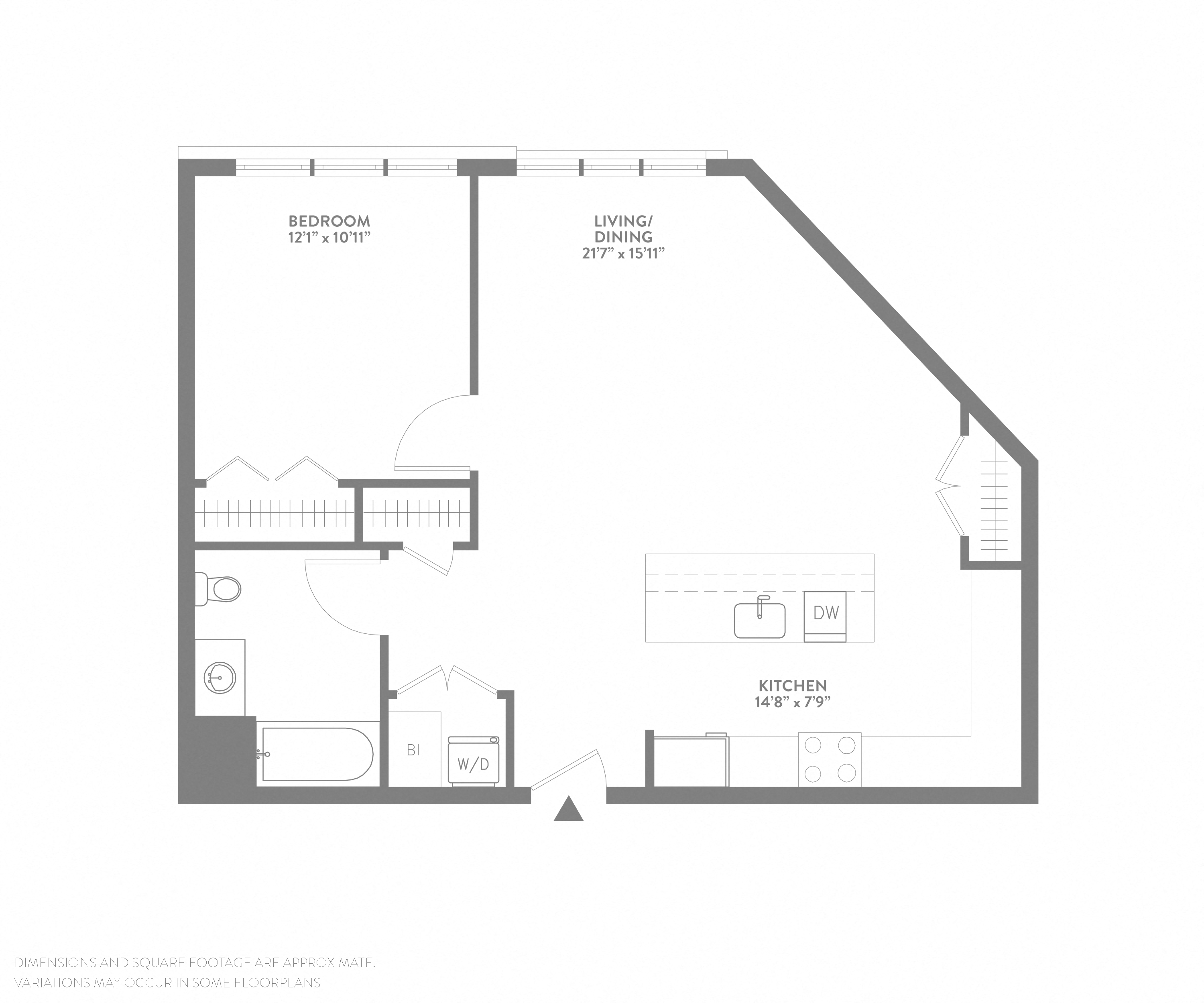 Floor plan for 1 bed, 1 bath, 775 sqft