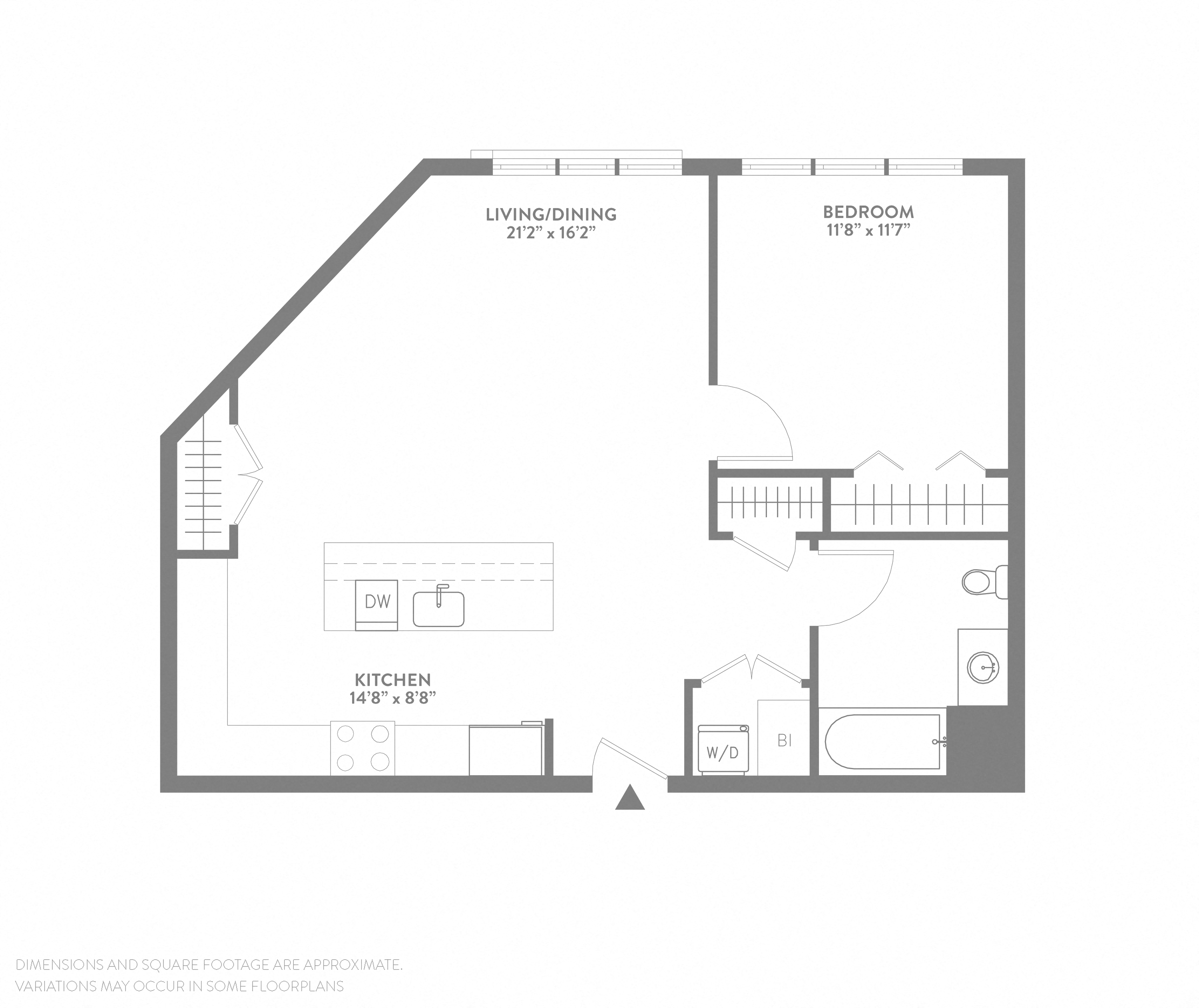 Floor plan for 1 bed, 1 bath, 786 sqft