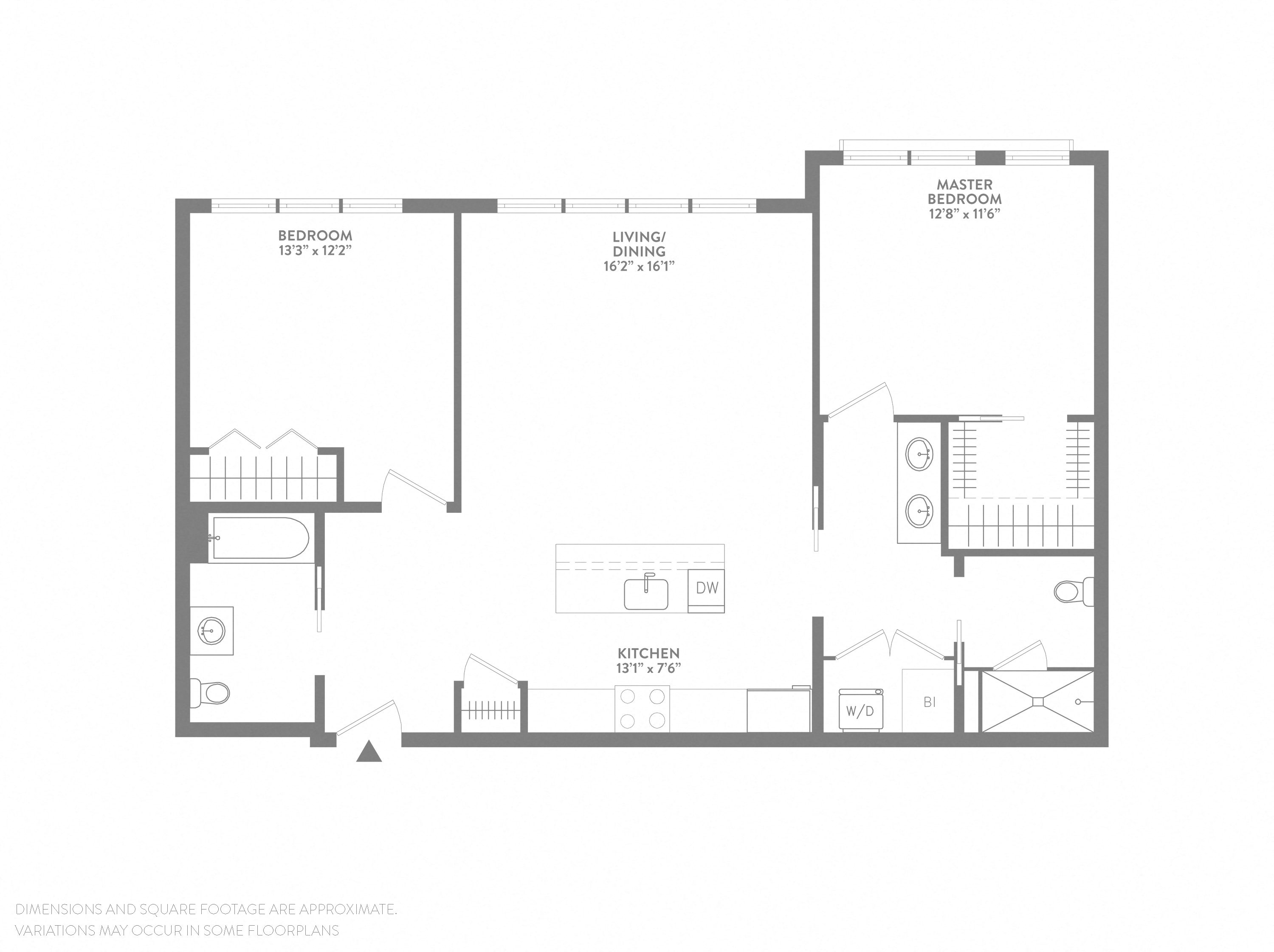 Floor plan for 2 beds, 2 baths, 1107 sqft