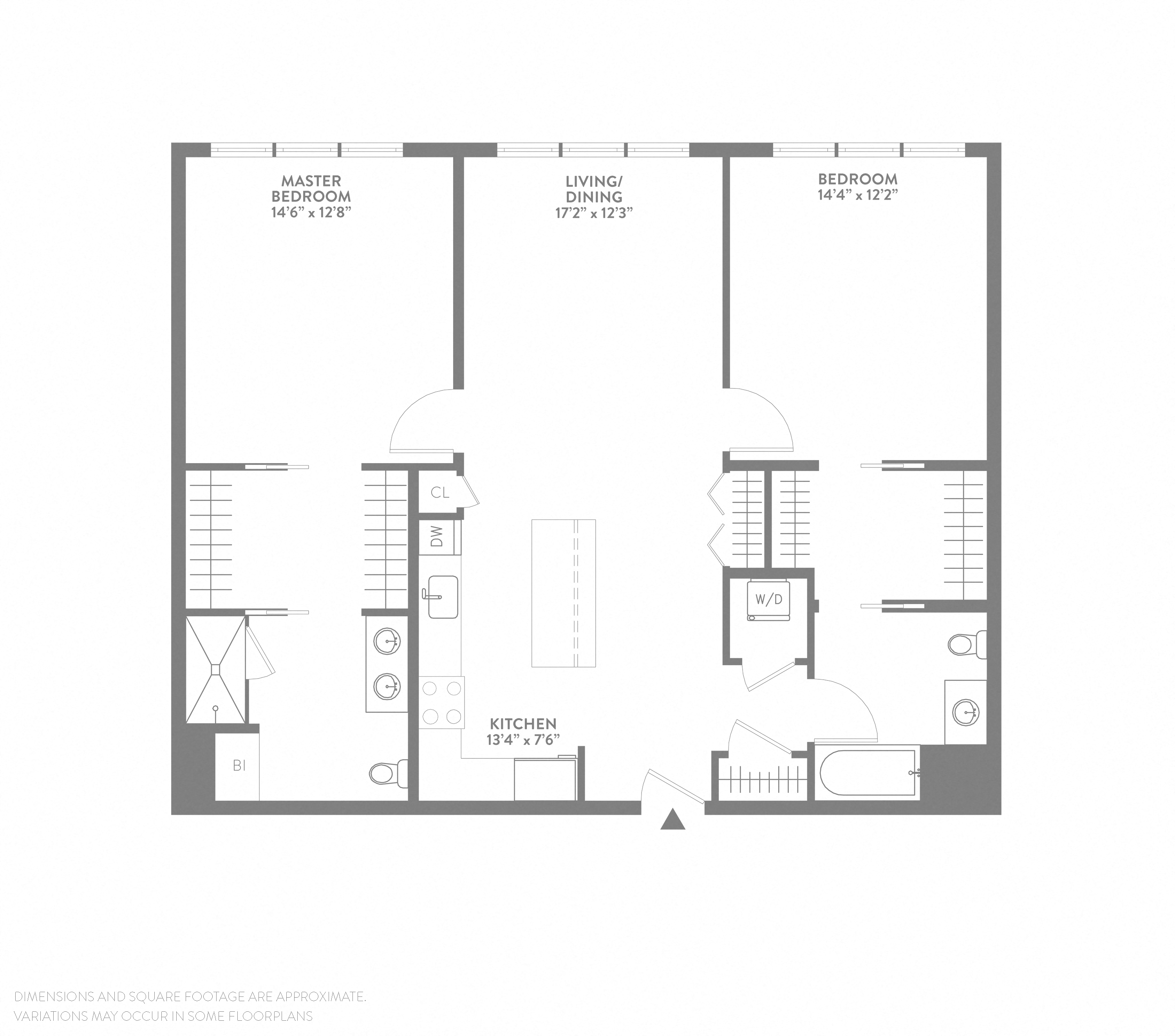 Floor plan for 2 beds, 2 baths, 1233 sqft