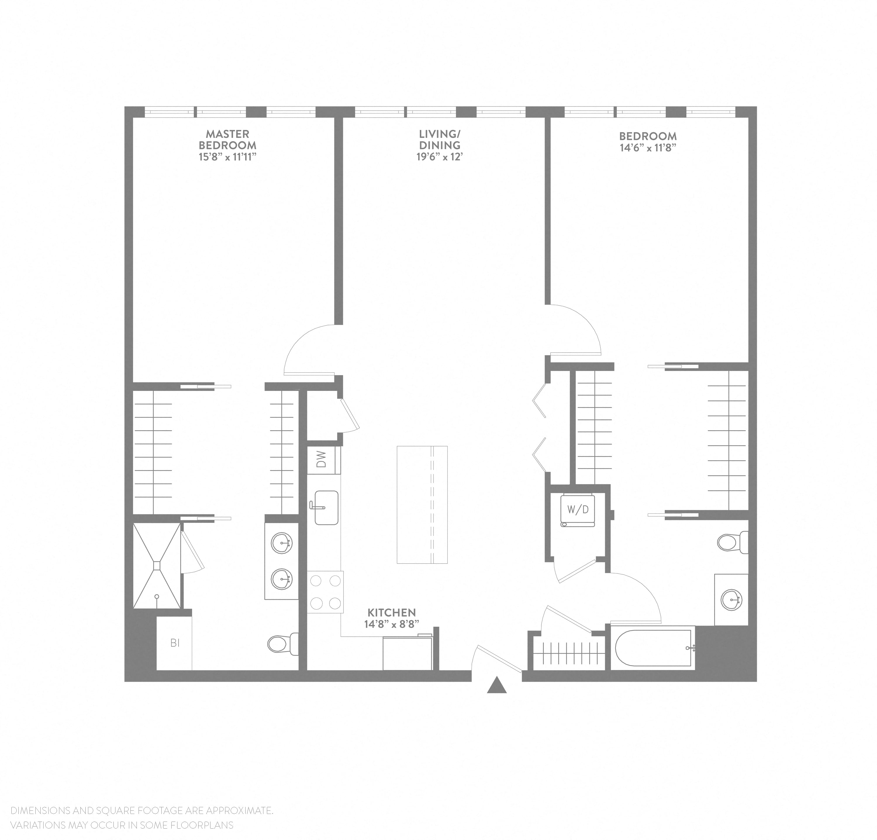 Floor plan for 2 beds, 2 baths, 1265 sqft