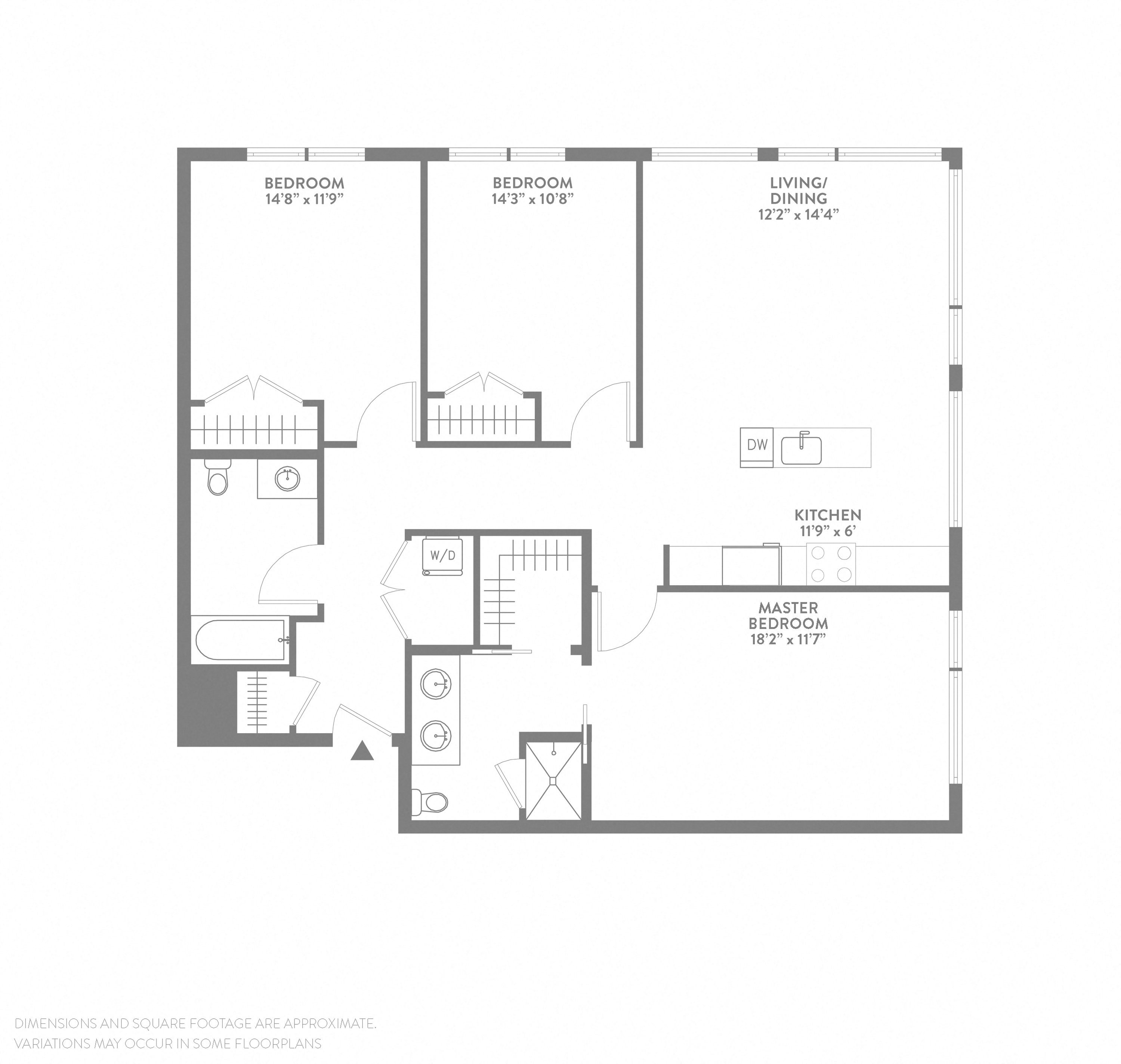 Floor plan for 3 beds, 2 baths, 1342 sqft