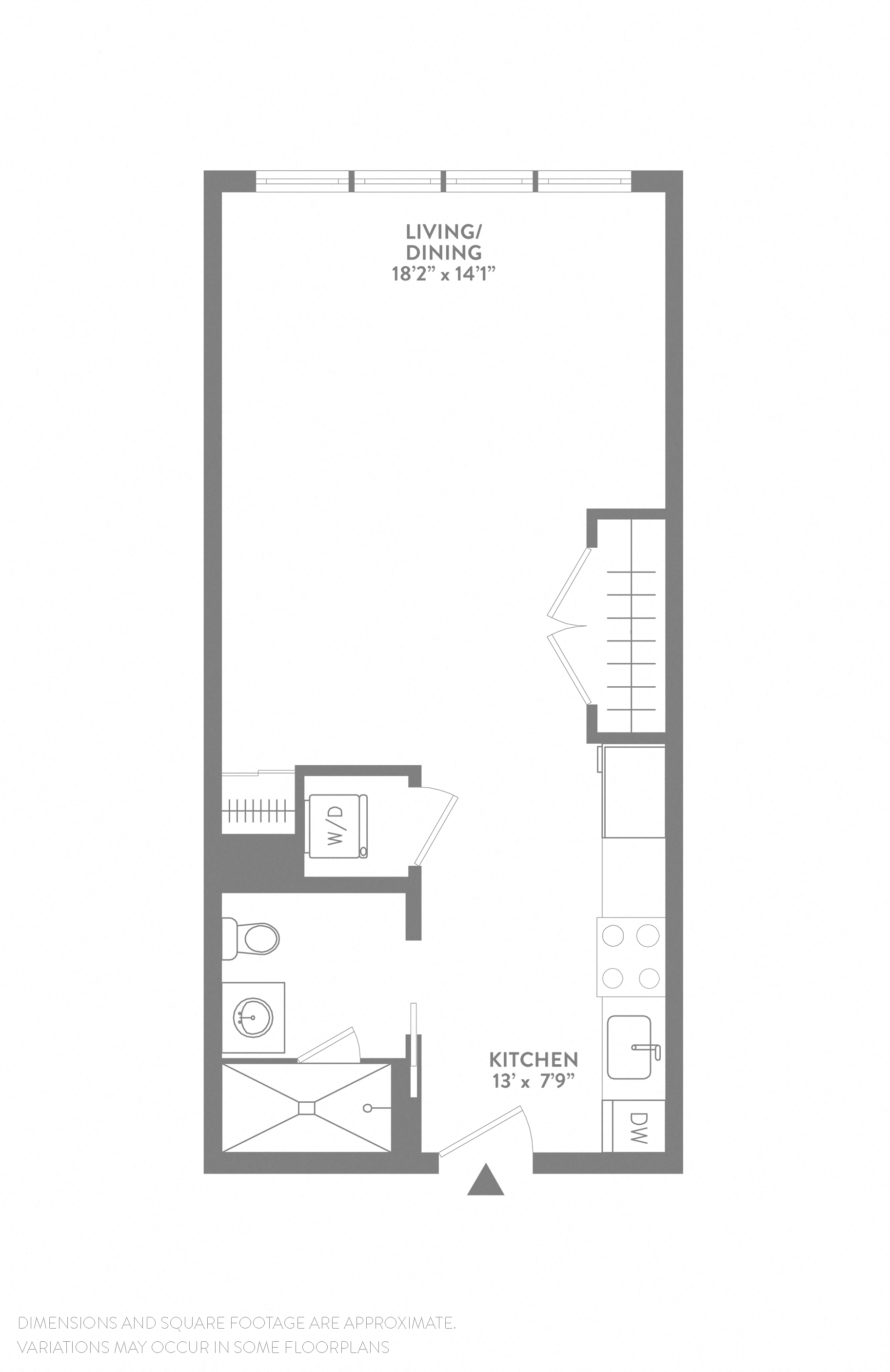 Floor plan for studio, 1 bath, 477 sqft