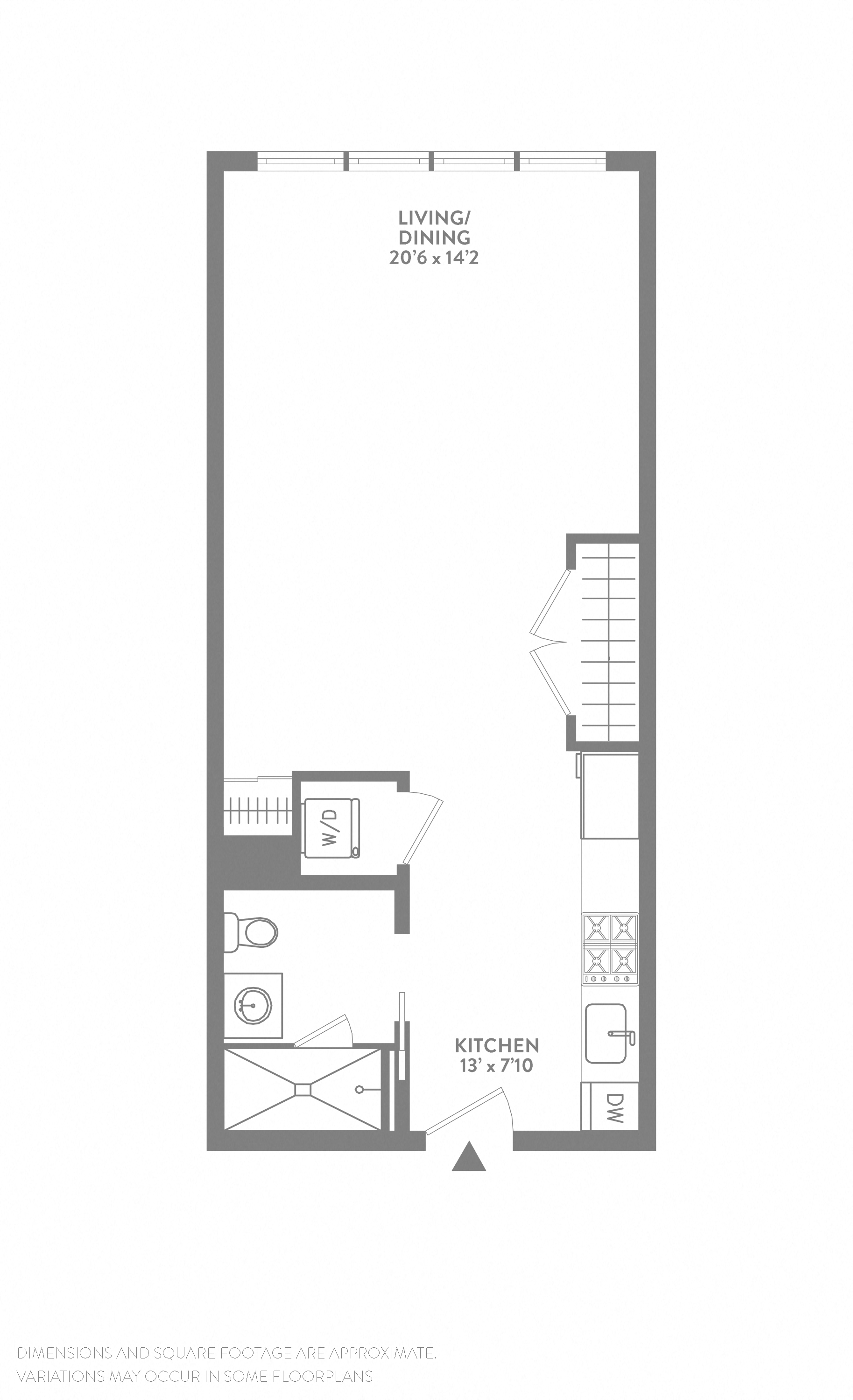 Floor plan for studio, 1 bath, 522 sqft