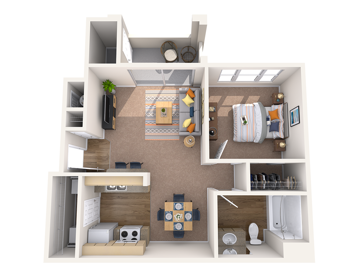 Floor plan for 1 bed, 1 bath, 615 sqft