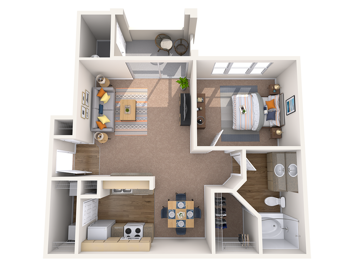 Floor plan for 1 bed, 1 bath, 707 sqft