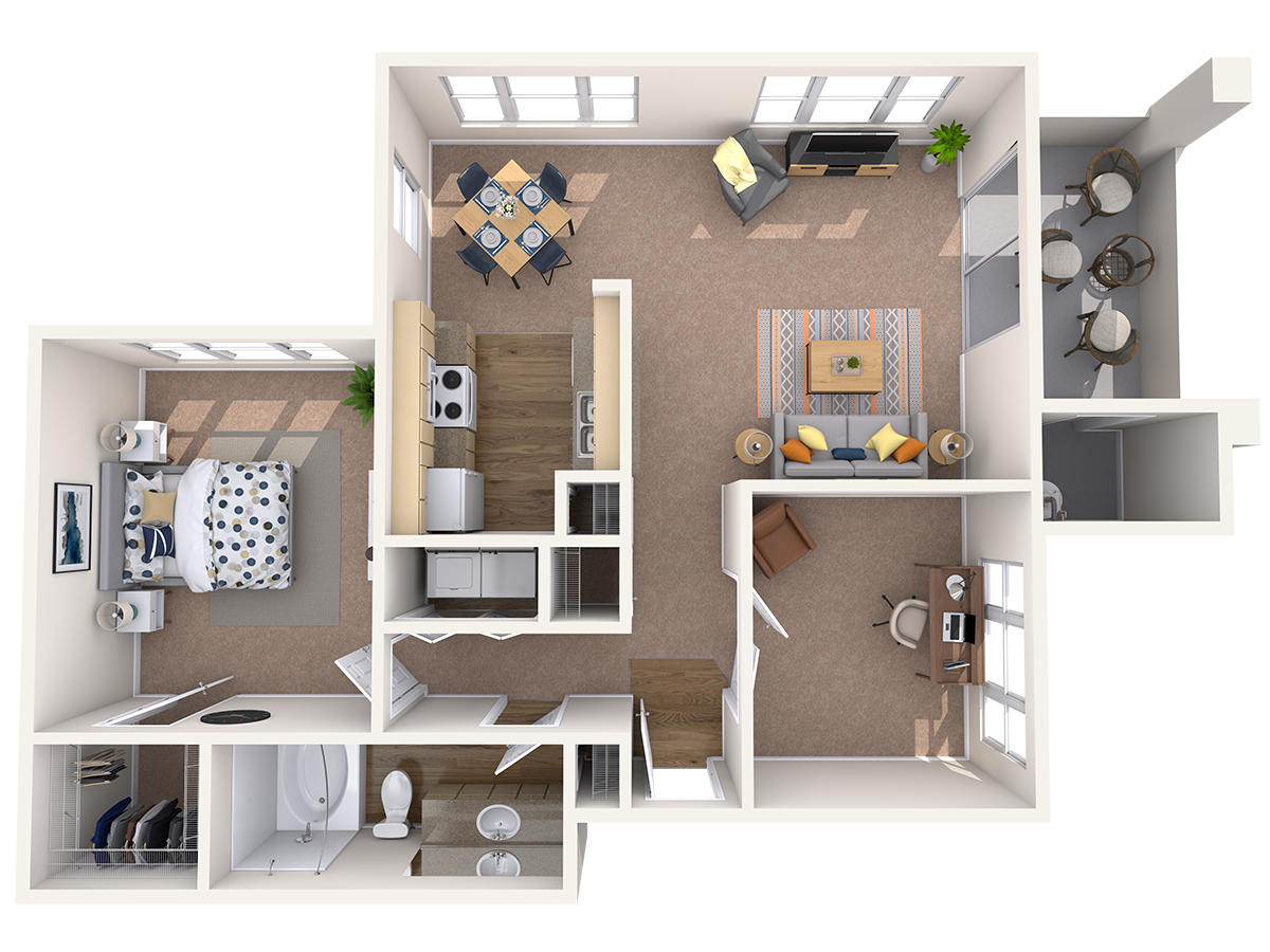 Floor plan for 1 bed, 1 bath, 916 sqft