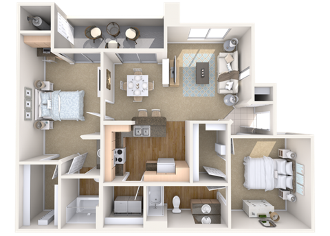 Floor plan for 2 beds, 2 baths, 1072 sqft