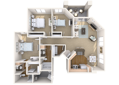 Floor plan for 3 beds, 2 baths, 1266 sqft
