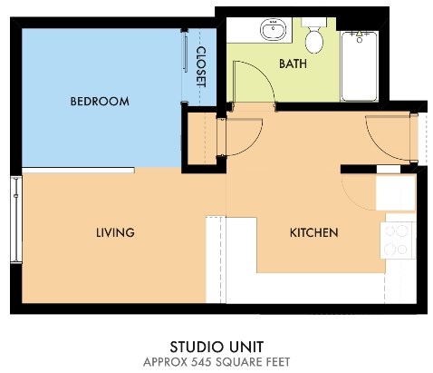 Floor plan for studio, 1 bath, 545 sqft