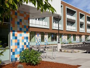 Portland apartment for rent - the facade of a building with colorful tiles on it