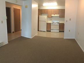 Rushville apartment for rent - an empty living room with a kitchen in the background
