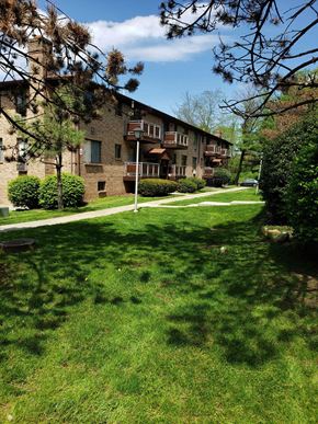 Mahwah apartment for rent - A grassy area in front of a building with a tree branch in the foreground.