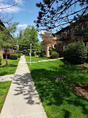 Mahwah apartment for rent - A tree-lined walkway leads to a building.