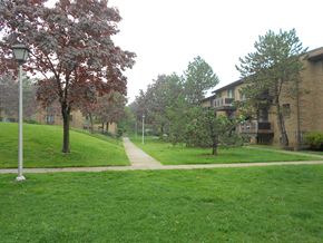 Mahwah apartment for rent - A tree with red leaves stands in a grassy area in front of a building.