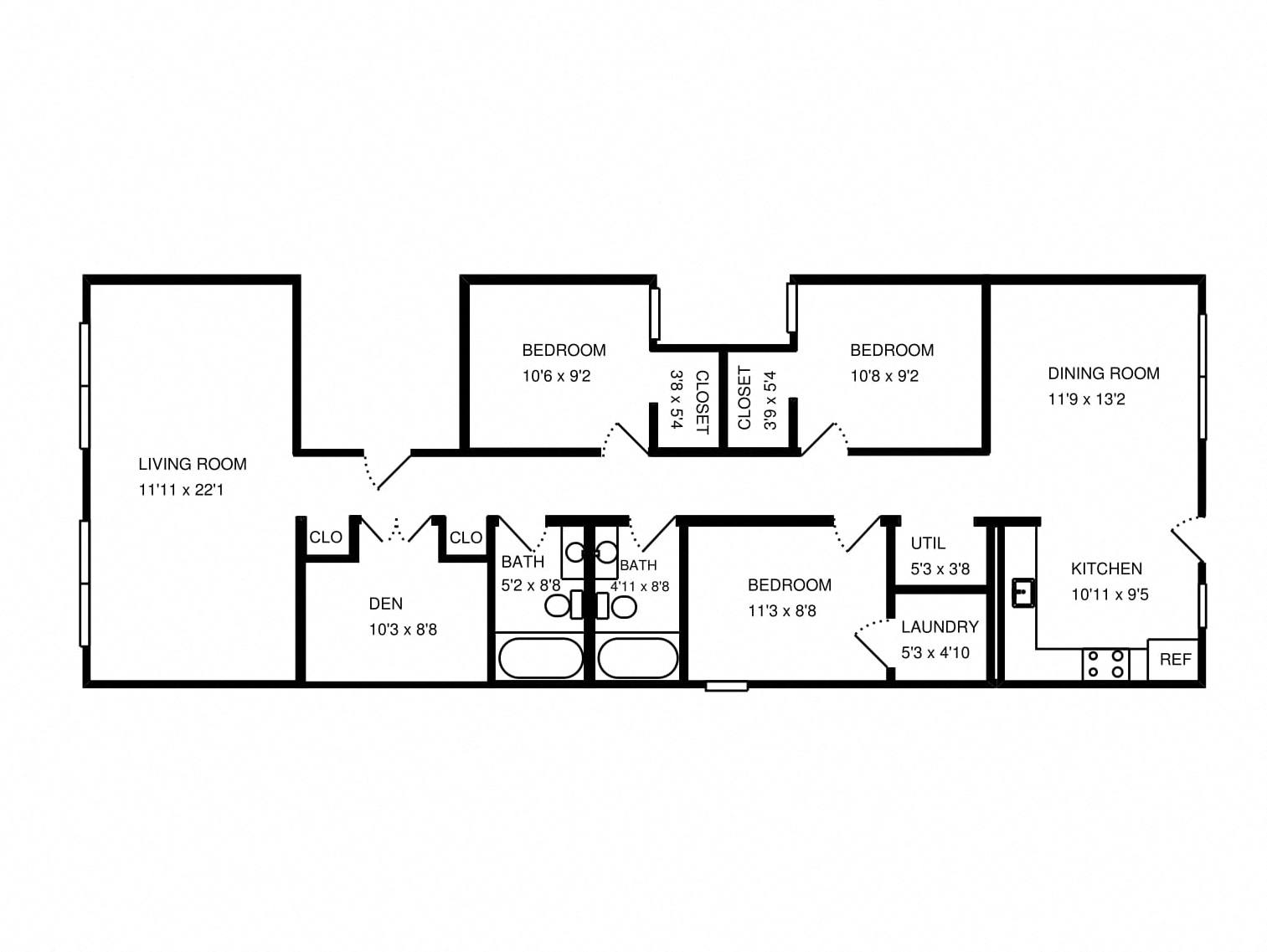 Floor plan for 3 beds, 2 baths, 1201 sqft
