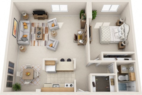 Floor plan for 1 bed, 1 bath, 800 sqft