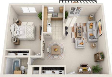 Floor plan for 1 bed, 1 bath, 655 sqft