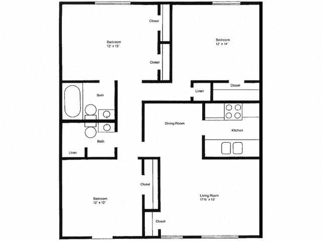 Floor plan for 3 beds, 2 baths, 1284 sqft