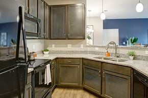 Charlotte apartment for rent - Kitchen with dark cabinets, black appliances, sink , granite countertops, and light hard wood flooring at Ascent at Mallard Creek Charlotte, NC
