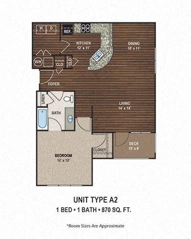 Floor plan for 1 bed, 1 bath, 870 sqft