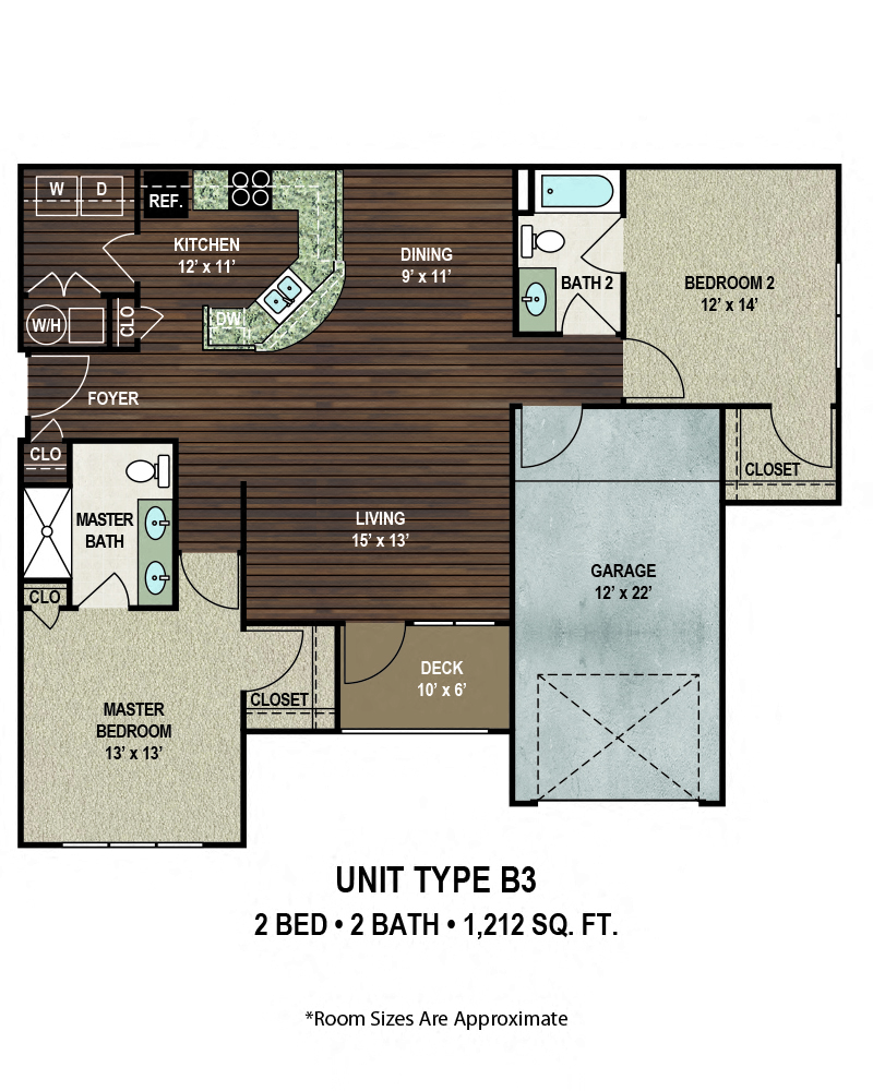 Floor plan for 2 beds, 2 baths, 1212 sqft