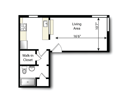 Floor plan for 2 beds, 1 bath, 595 sqft