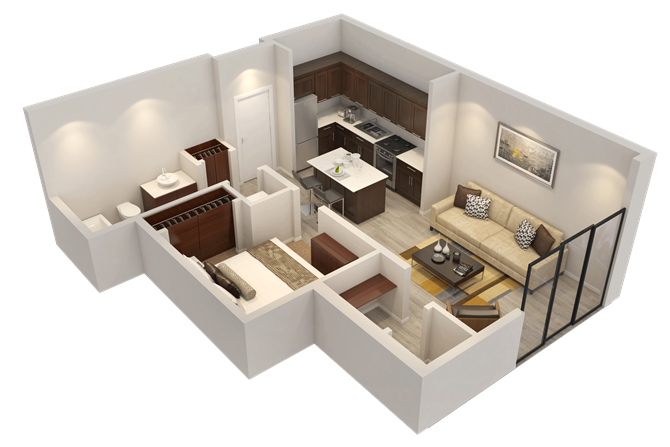 Floor plan for 1 bed, 1 bath, 568 sqft